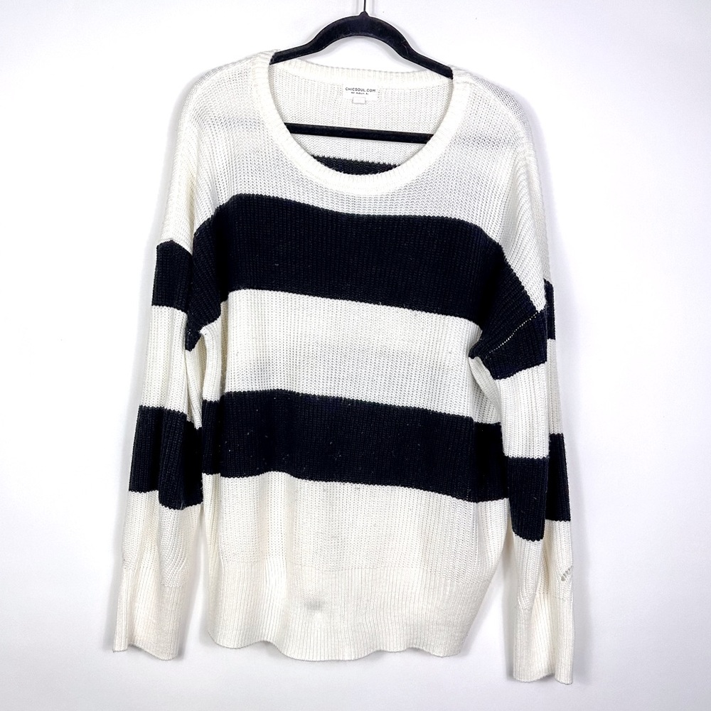 Chic Soul Cream and Black Striped Crew Neck Sweater